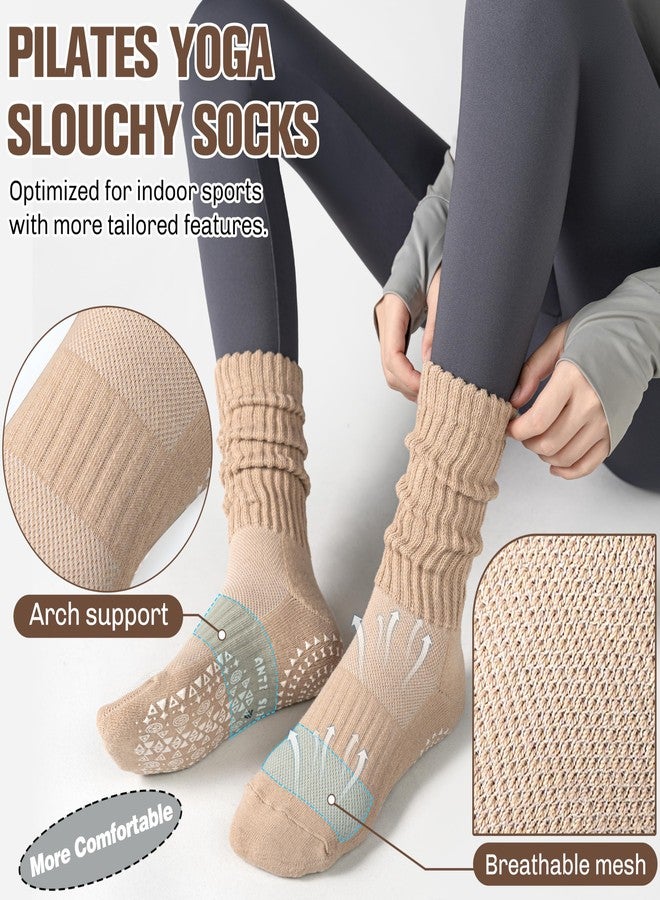 Sandsuced Pilates Grip Slouchy Yoga Socks Winter Warm Cozy Scrunch Boot Grippy Crew Slipper Socks 4 Pairs for Women Gift Stocking Stuffers(Black/Dark khaki/Light khaki/Beige,M) - Image 3